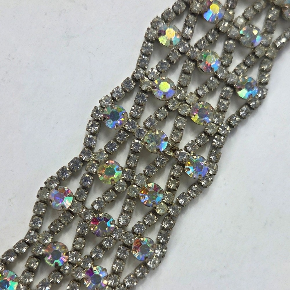 Vtg Claire's Rhinestone Lattice Choker Necklace Silver Tone Wide Statement 14.5"